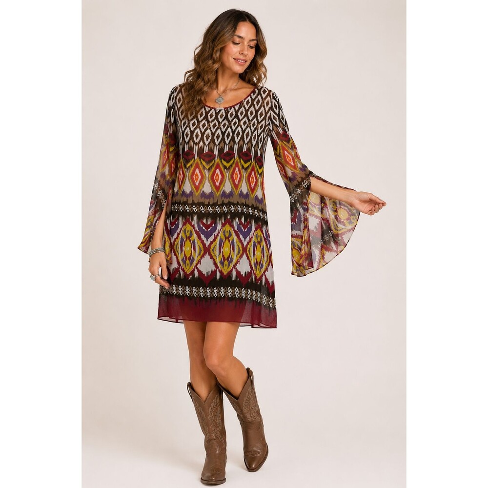 Wrangler Aztec Ikat Print Tunic Dress Size XL Bell Sleeve Boho Southwestern Chic